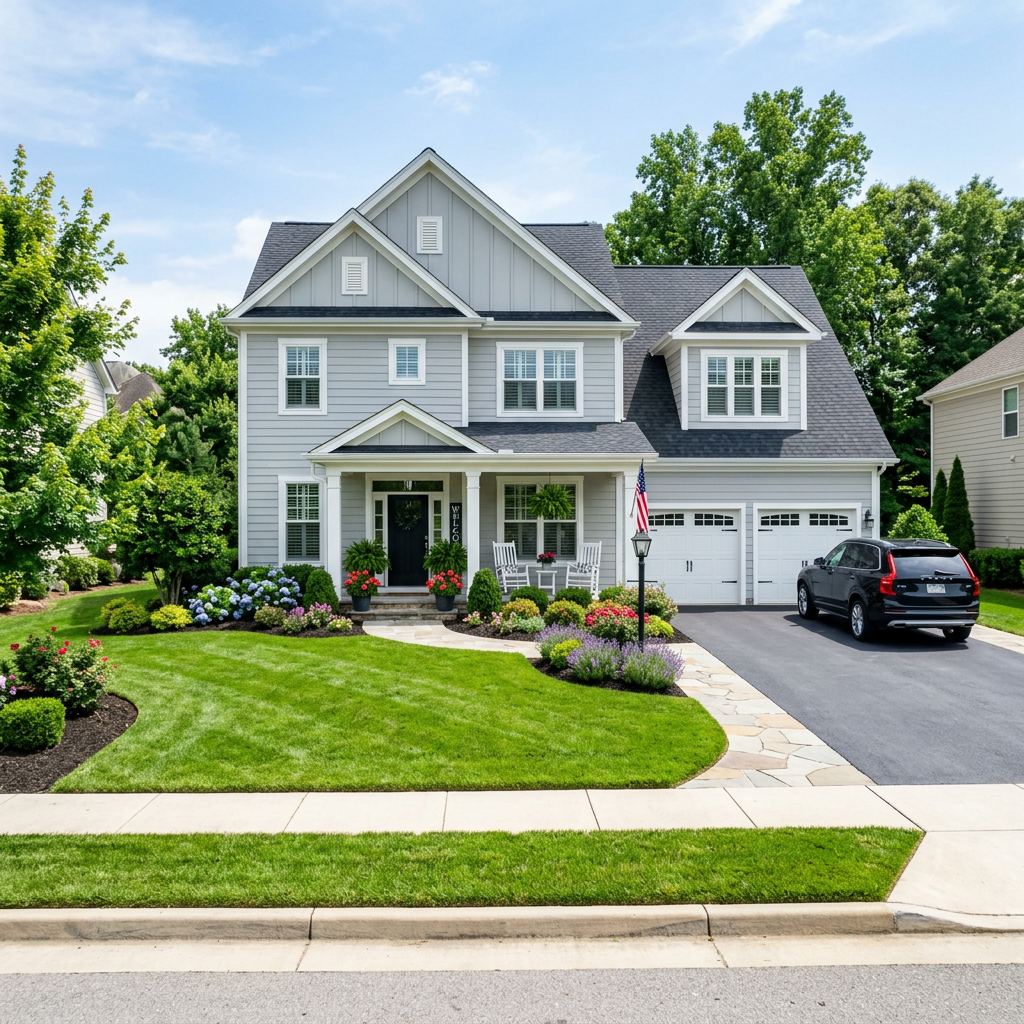 Two-story gray suburban house with white trim, green lawn, colorful flowers, and black SUV parked in driveway