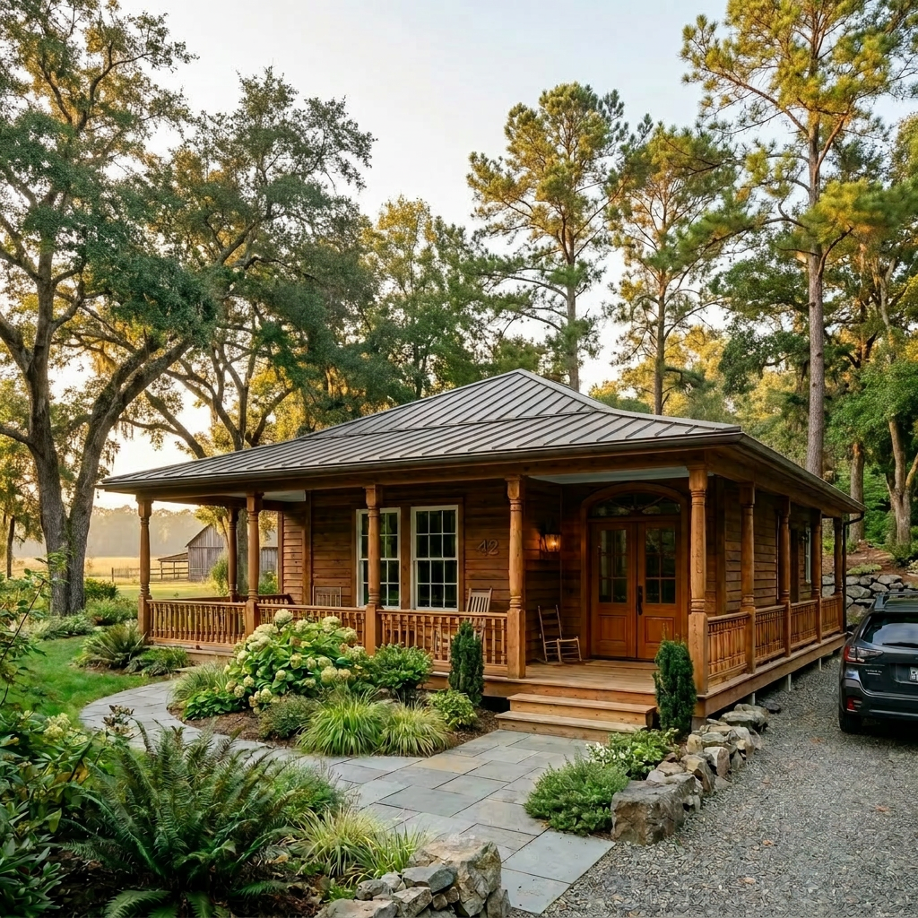 Two-story wooden house with large windows and landscaped garden