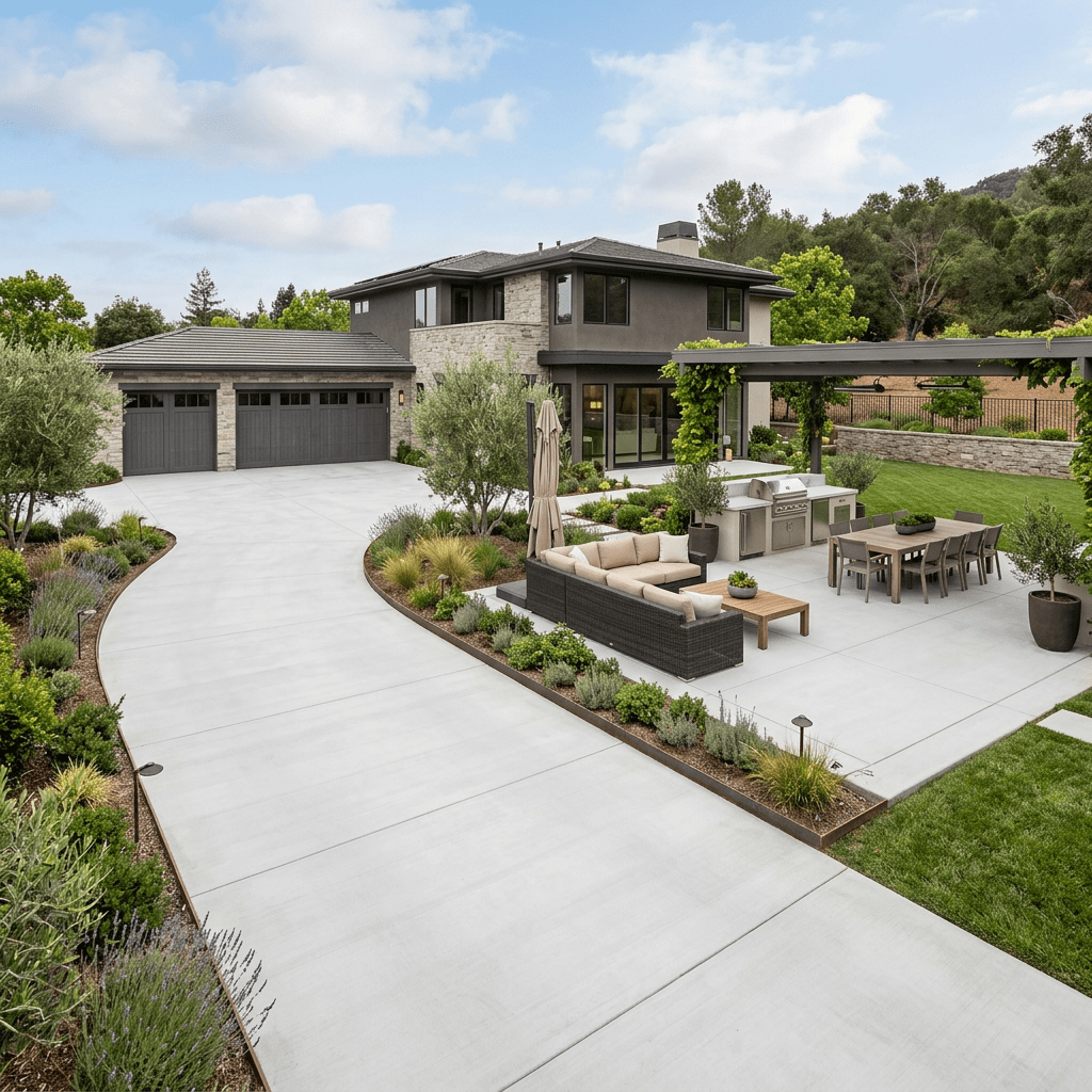 Modern two-story house with three-car garage and outdoor patio with seating and grill
