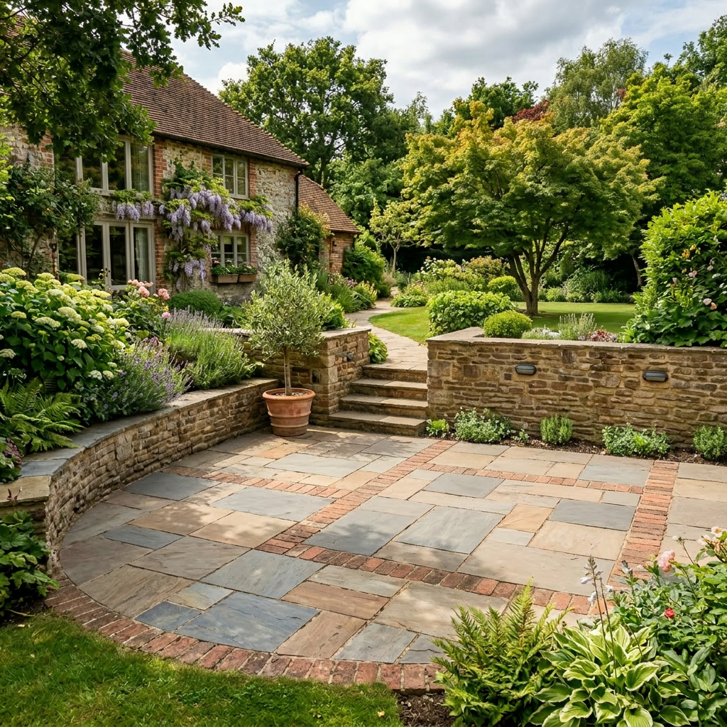 Outdoor stone patio with wooden and metal chairs around a table, surrounded by flowering plants and greenery