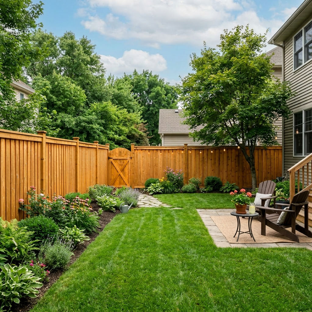 Backyard with green lawn, wooden fence, garden plants, and patio chairs