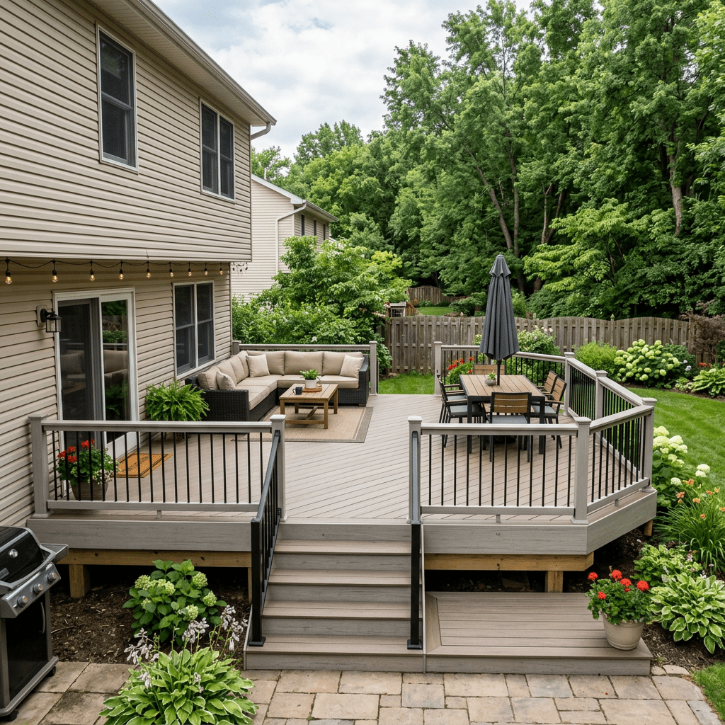 Backyard deck with outdoor sofa, dining table, umbrella, and surrounding garden