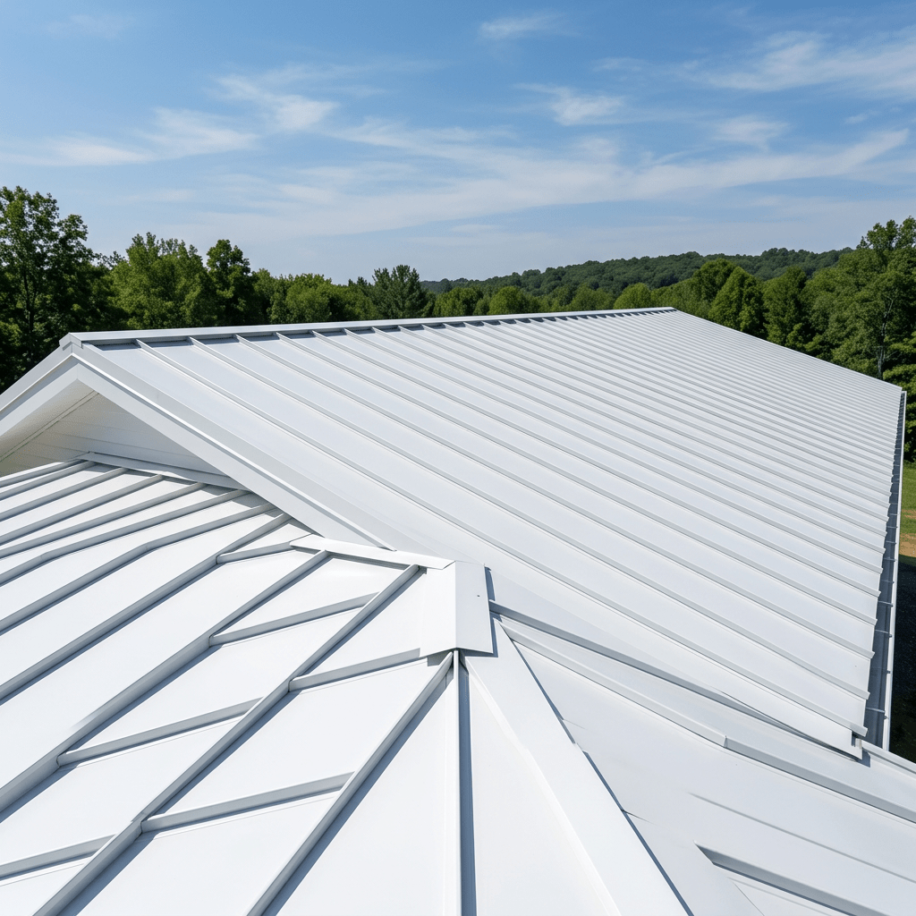 Gray standing seam metal roof panels with raised seams under clear sky