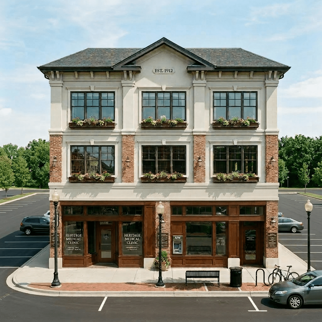 Three-story Heritage Building with coffee house, bookstore, and offices on a busy street corner