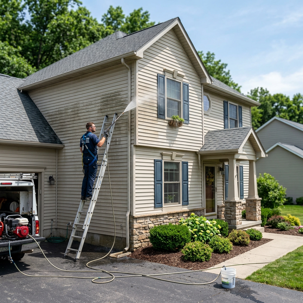 Worker on ladder power washing dirty house siding near garage